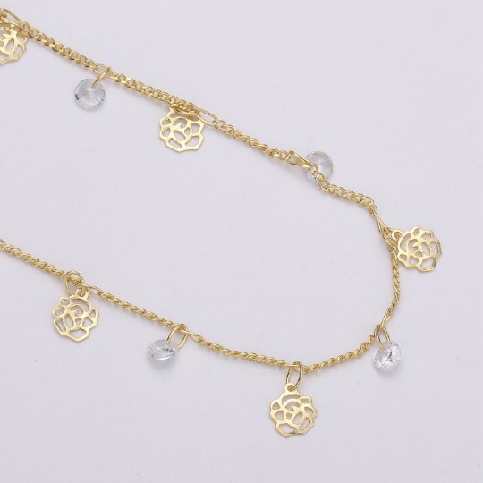 24K Gold plated Flower Charmed Cubic Chain by Yard, Flower CZ Charm Twisted Curb Chain by Yard | ROLL-322 Clearance Pricing - DLUXCA