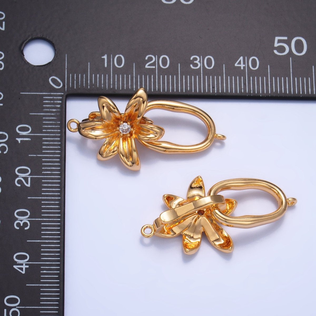 24K Gold plated Flower CZ Snap Latch Molten Oblong Link Findings Set | Z967 - DLUXCA