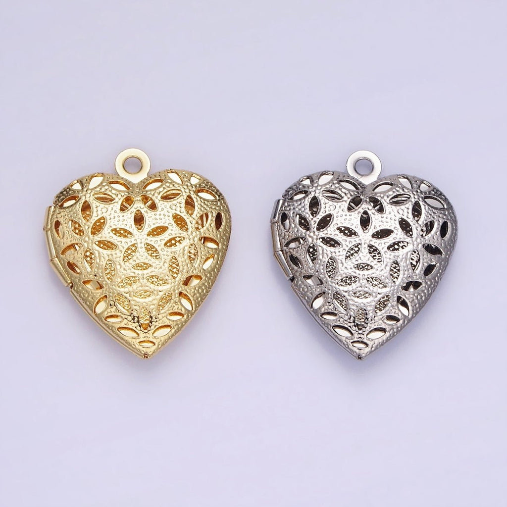 24K Gold plated Flower Filigree Dotted Heart Locket in Gold & Silver | D399 - DLUXCA
