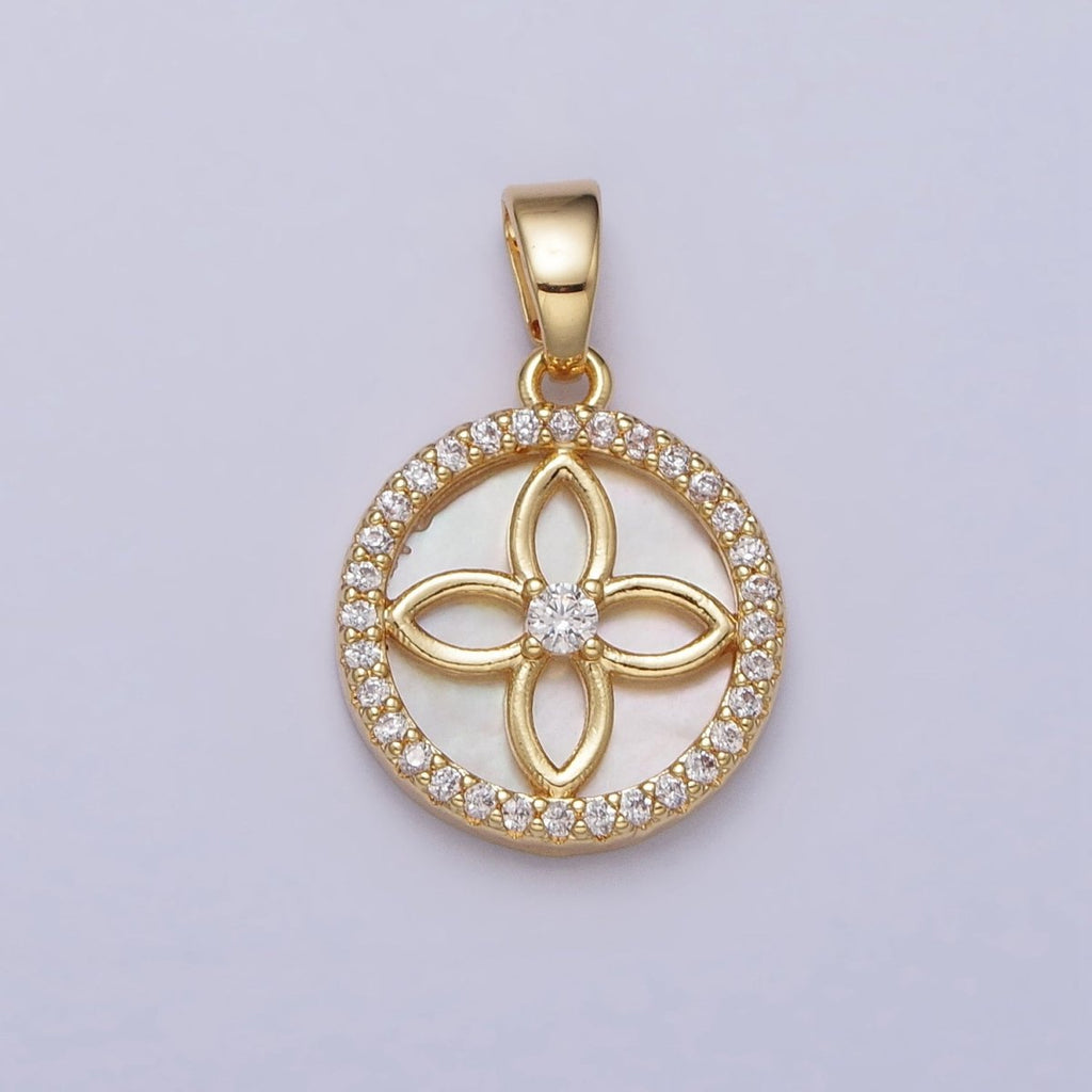 24K Gold plated Flower Shell Pearl Clear Micro Paved CZ Round Pendant | AA115 - DLUXCA