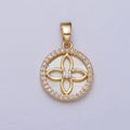 24K Gold plated Flower Shell Pearl Clear Micro Paved CZ Round Pendant | AA115 - DLUXCA