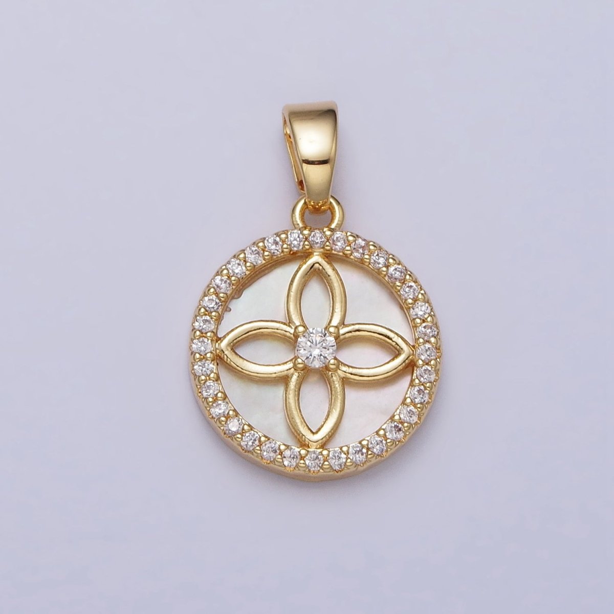 24K Gold plated Flower Shell Pearl Clear Micro Paved CZ Round Pendant | AA115 - DLUXCA