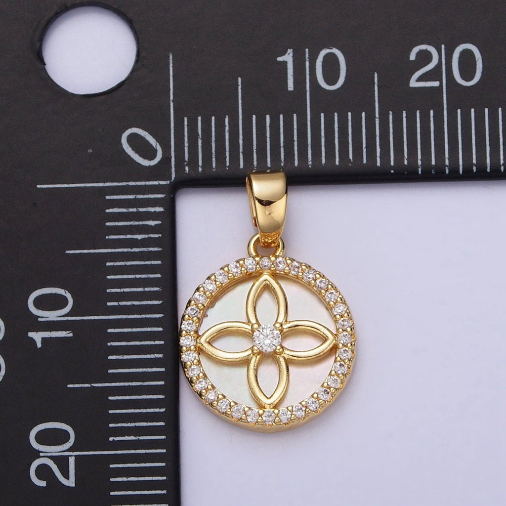 24K Gold plated Flower Shell Pearl Clear Micro Paved CZ Round Pendant | AA115 - DLUXCA