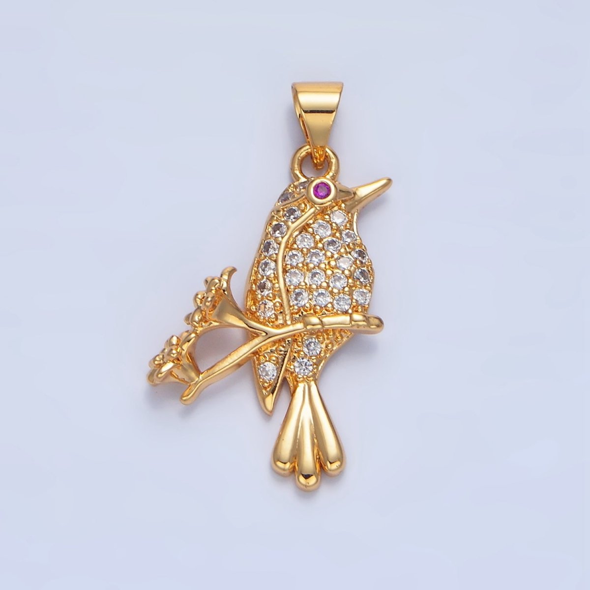 24K Gold plated Flower Song Bird Micro Paved CZ Pendant | AA783 - DLUXCA