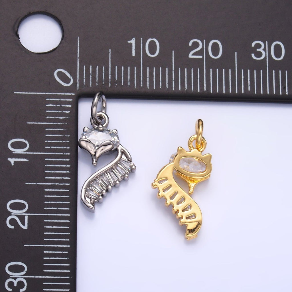 24K Gold plated Fox Cat Baguette CZ Curve Silhouette Charm in Gold & Silver | W447 - DLUXCA