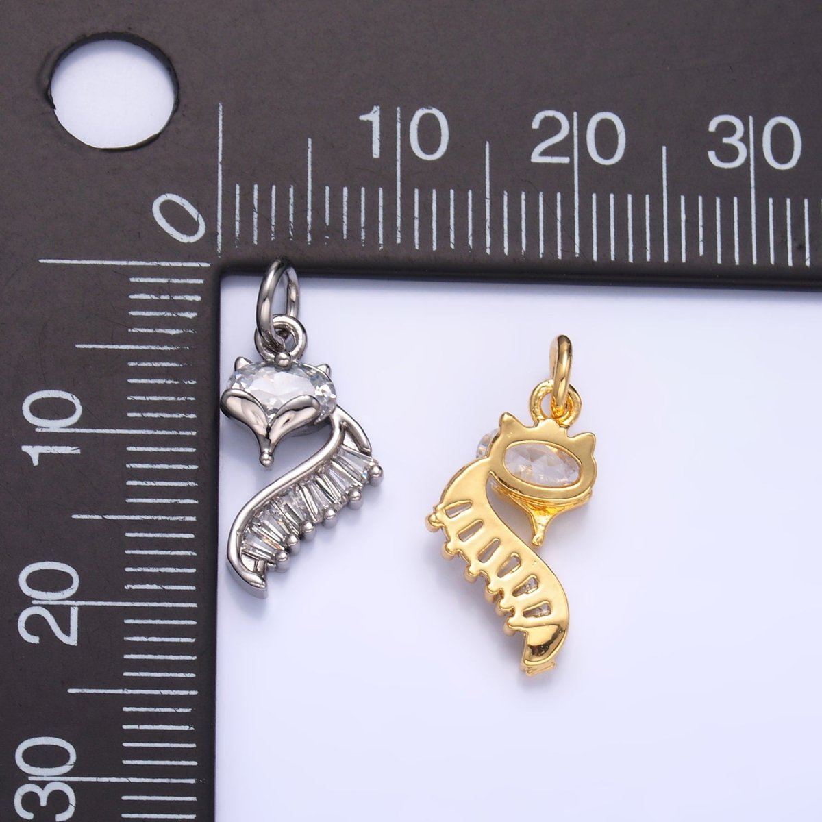24K Gold plated Fox Cat Baguette CZ Curve Silhouette Charm in Gold & Silver | W447 - DLUXCA