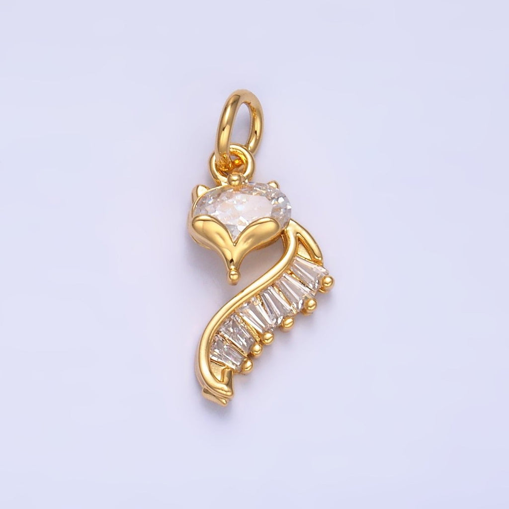 24K Gold plated Fox Cat Baguette CZ Curve Silhouette Charm in Gold & Silver | W447 - DLUXCA