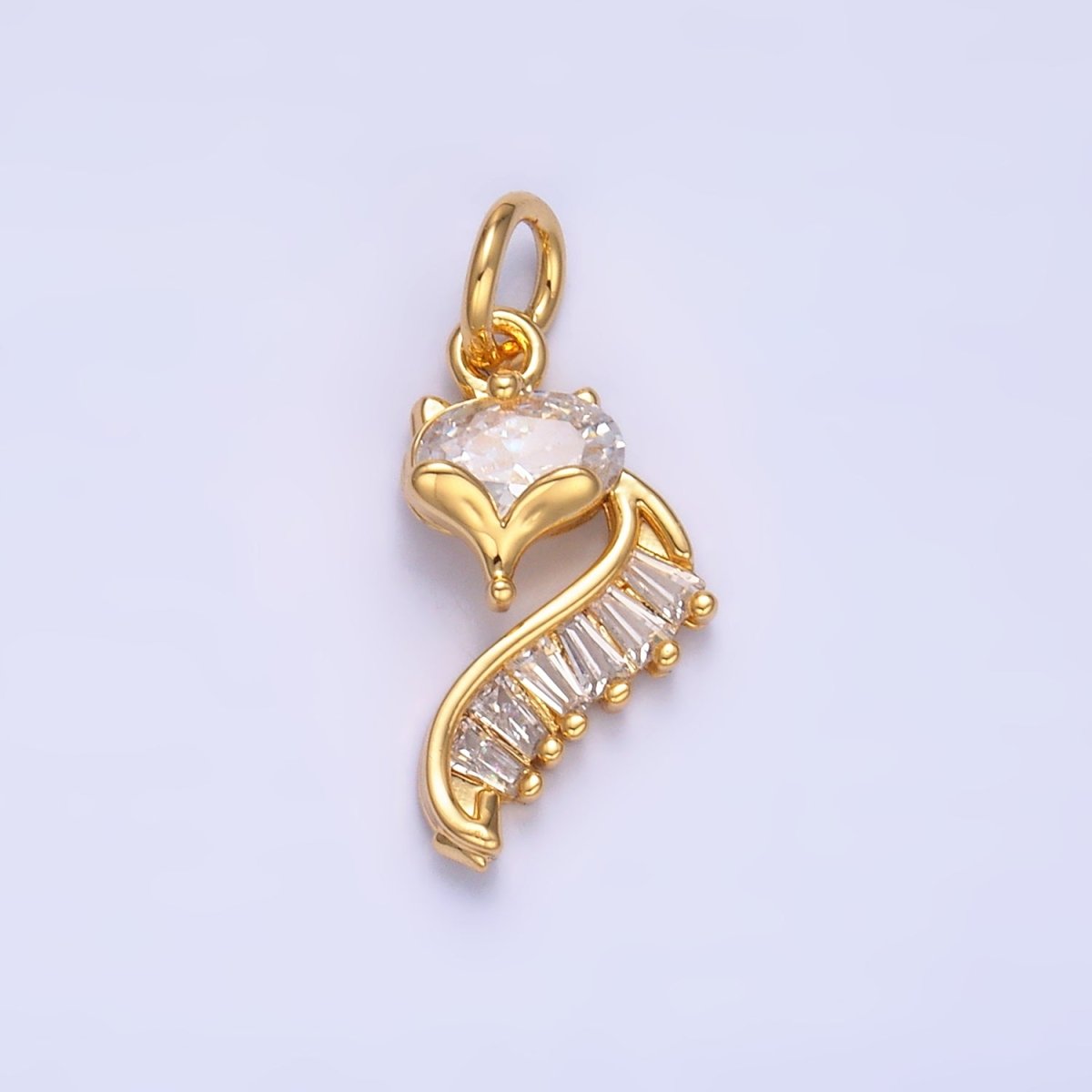 24K Gold plated Fox Cat Baguette CZ Curve Silhouette Charm in Gold & Silver | W447 - DLUXCA
