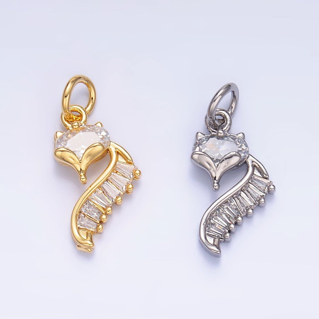 24K Gold plated Fox Cat Baguette CZ Curve Silhouette Charm in Gold & Silver | W447 - DLUXCA