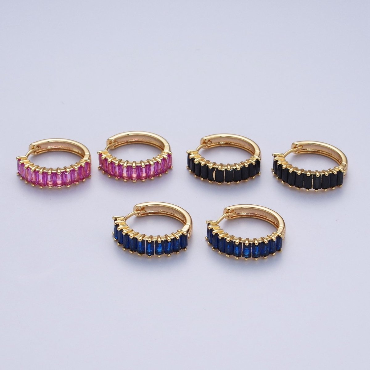 24K Gold plated Fuchsia, Black. Blue Baguette Cubic Zirconia 18mm Huggie Hoop Earrings | AD-476~AD-478