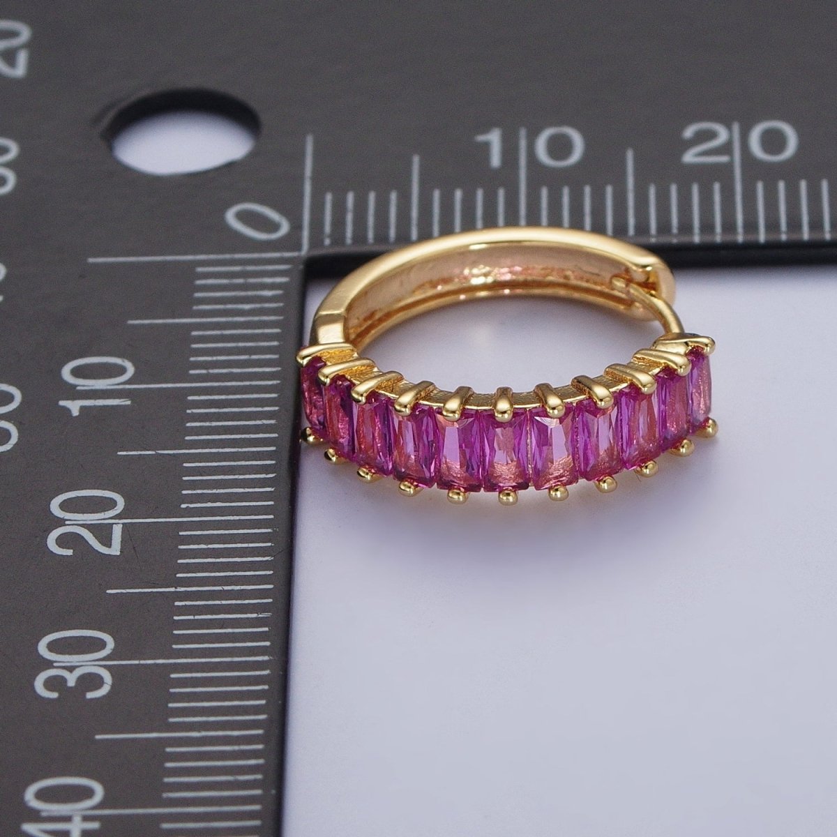 24K Gold plated Fuchsia, Black. Blue Baguette Cubic Zirconia 18mm Huggie Hoop Earrings | AD-476~AD-478