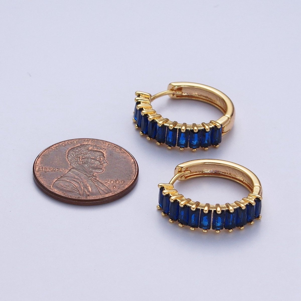 24K Gold plated Fuchsia, Black. Blue Baguette Cubic Zirconia 18mm Huggie Hoop Earrings | AD-476~AD-478