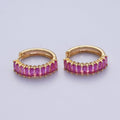 24K Gold plated Fuchsia, Black. Blue Baguette Cubic Zirconia 18mm Huggie Hoop Earrings | AD-476~AD-478