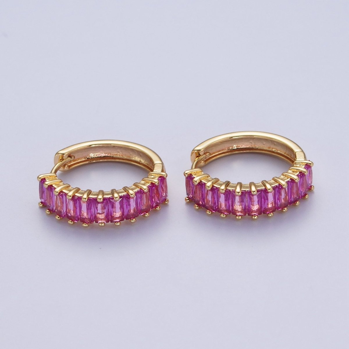 24K Gold plated Fuchsia, Black. Blue Baguette Cubic Zirconia 18mm Huggie Hoop Earrings | AD-476~AD-478