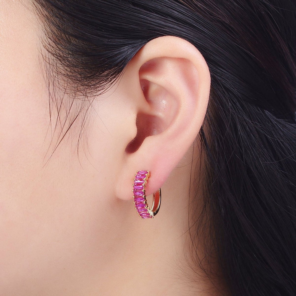 24K Gold plated Fuchsia, Black. Blue Baguette Cubic Zirconia 18mm Huggie Hoop Earrings | AD-476~AD-478
