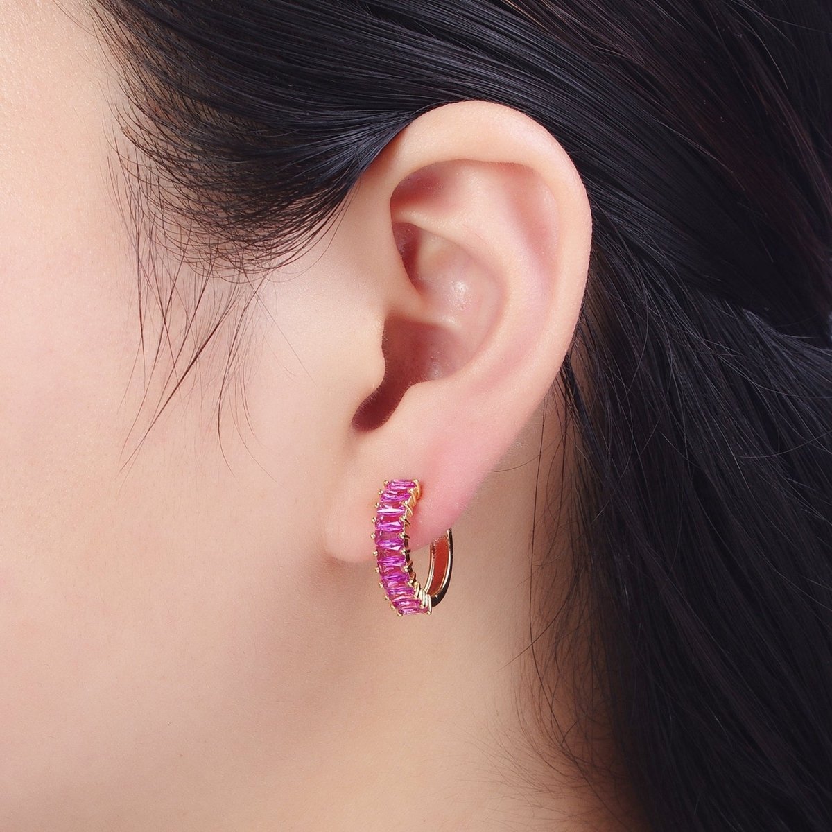 24K Gold plated Fuchsia, Black. Blue Baguette Cubic Zirconia 18mm Huggie Hoop Earrings | AD-476~AD-478