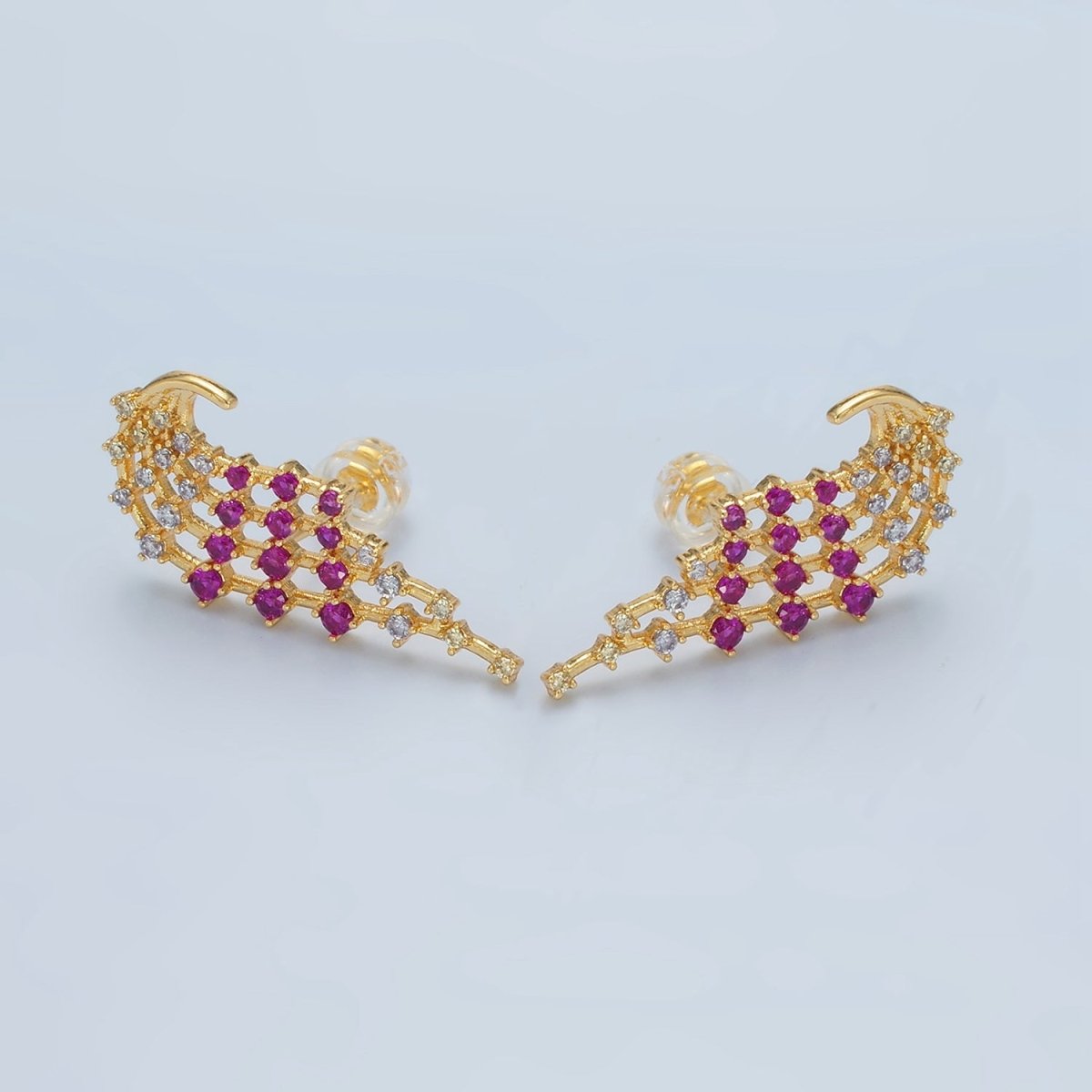 24K Gold plated Fuchsia Clear CZ Multiple Curved Band Stud Earrings Set | AD737 - DLUXCA
