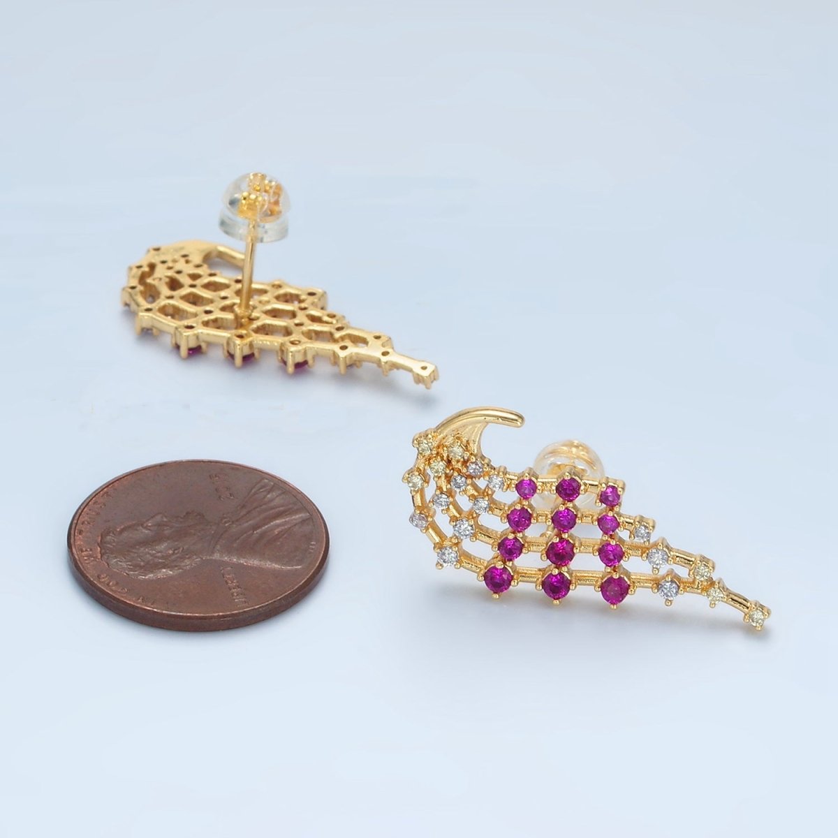 24K Gold plated Fuchsia Clear CZ Multiple Curved Band Stud Earrings Set | AD737 - DLUXCA