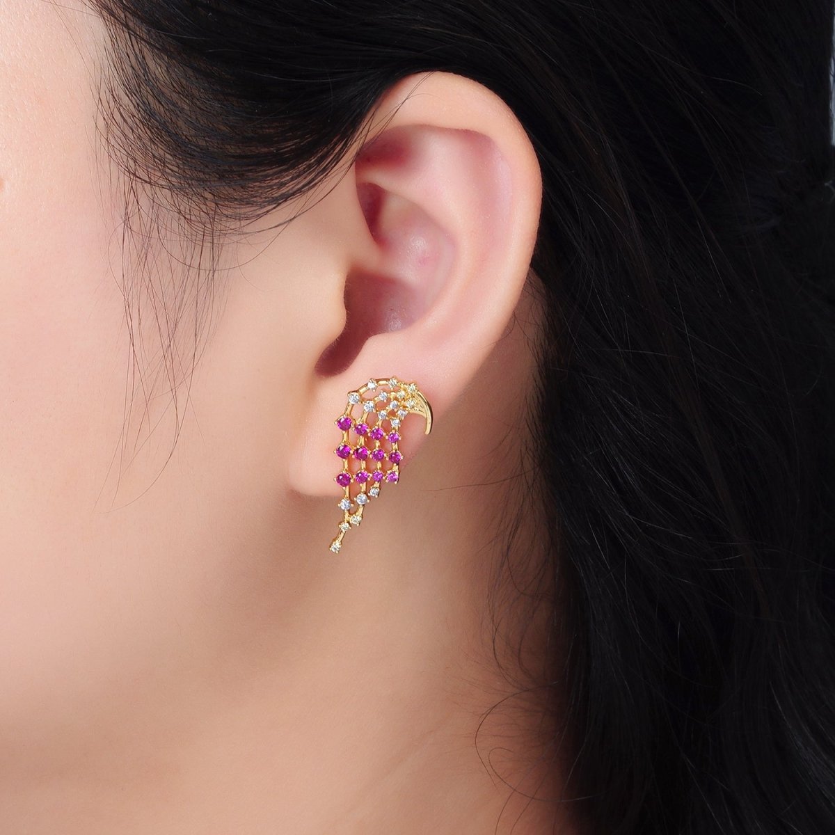 24K Gold plated Fuchsia Clear CZ Multiple Curved Band Stud Earrings Set | AD737 - DLUXCA