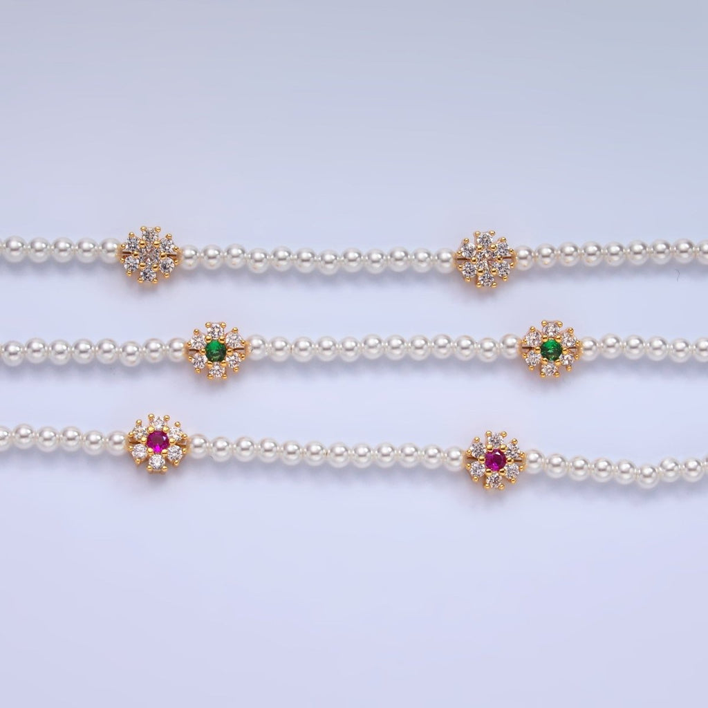 24K Gold plated Fuchsia, Clear, Green CZ Flower Shell Pearl 17 Inch Necklace | WA - 3069 WA - 3070 