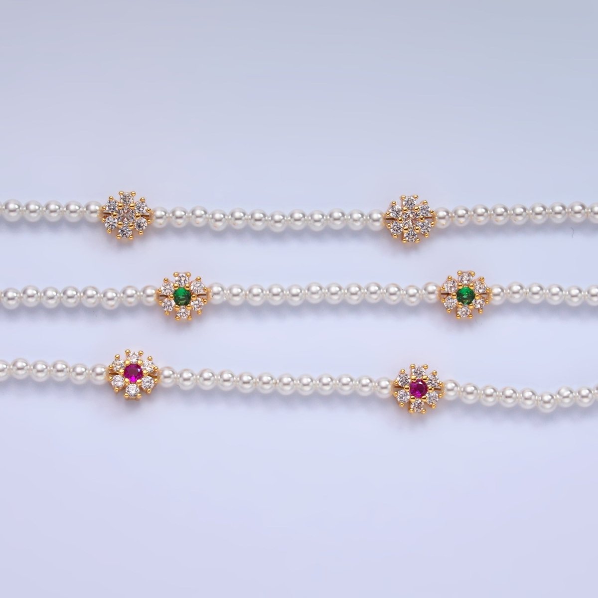 24K Gold plated Fuchsia, Clear, Green CZ Flower Shell Pearl 17 Inch Necklace | WA - 3069 WA - 3070 