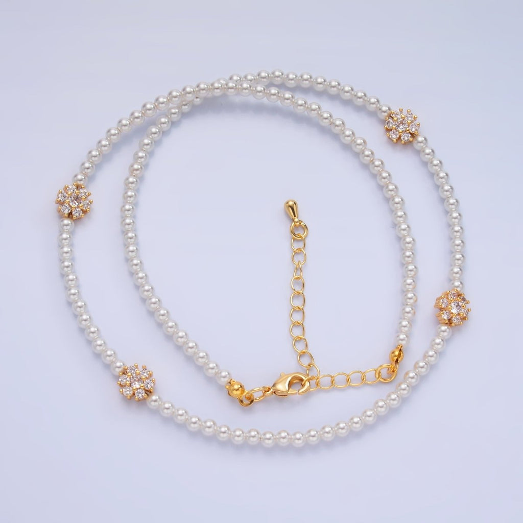 24K Gold plated Fuchsia, Clear, Green CZ Flower Shell Pearl 17 Inch Necklace | WA - 3069 WA - 3070 