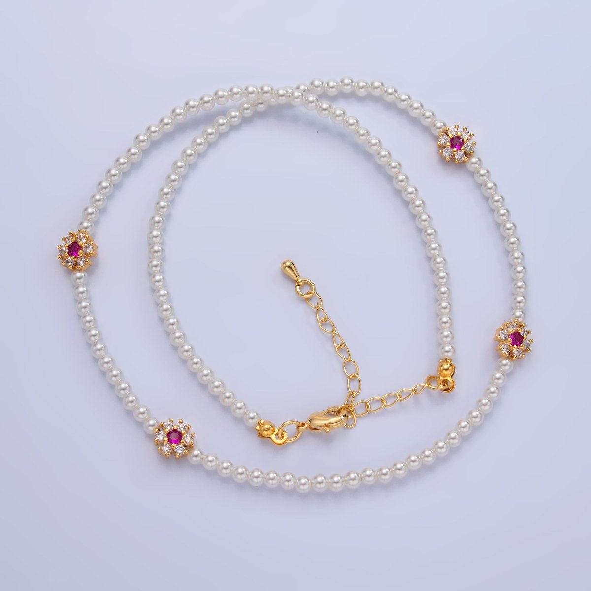 24K Gold plated Fuchsia, Clear, Green CZ Flower Shell Pearl 17 Inch Necklace | WA - 3069 WA - 3070 