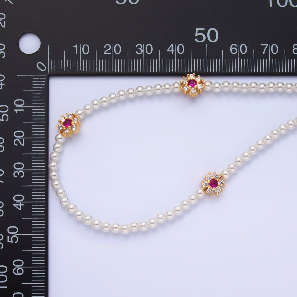 24K Gold plated Fuchsia, Clear, Green CZ Flower Shell Pearl 17 Inch Necklace | WA - 3069 WA - 3070 