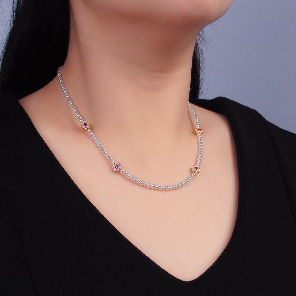 24K Gold plated Fuchsia, Clear, Green CZ Flower Shell Pearl 17 Inch Necklace | WA - 3069 WA - 3070 