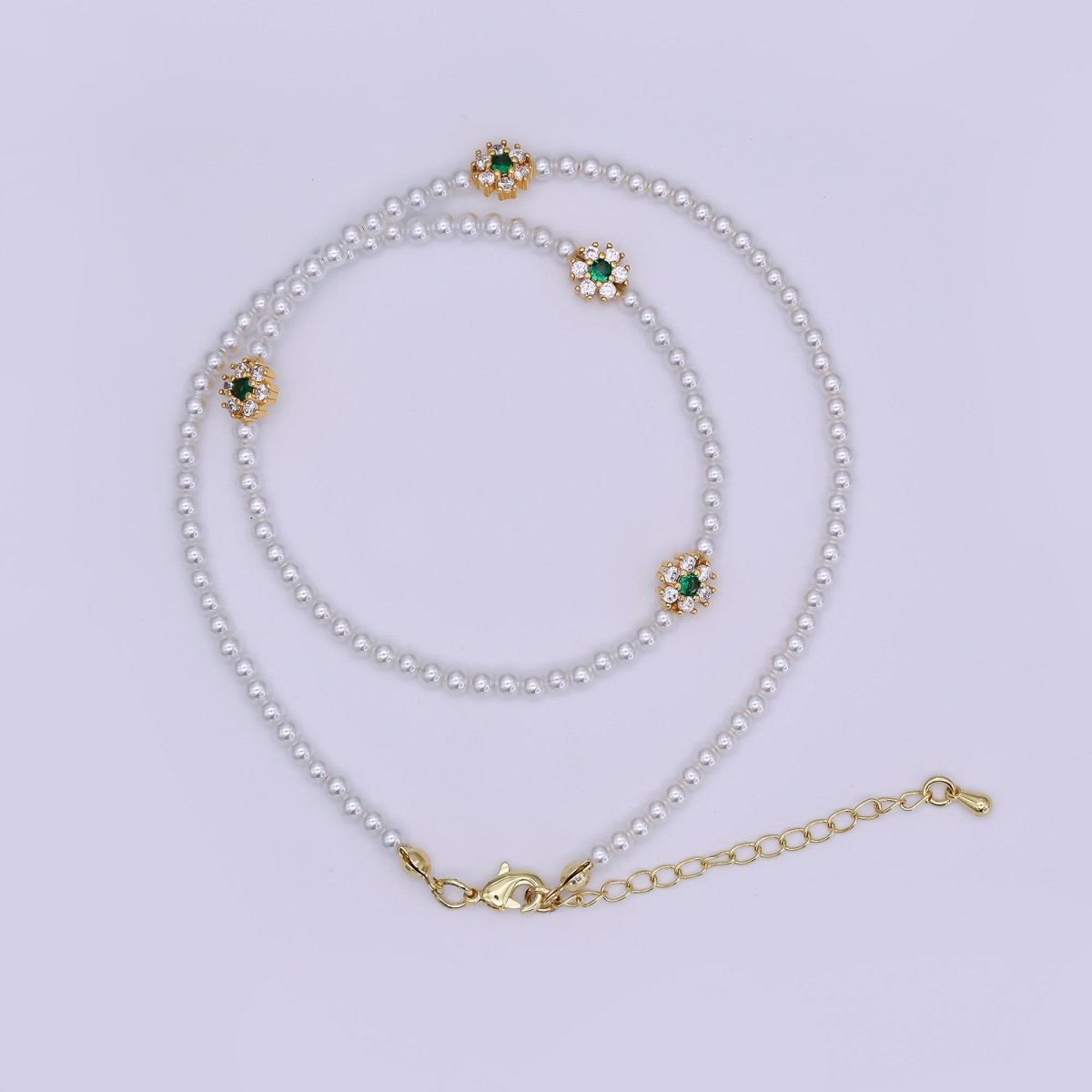 24K Gold plated Fuchsia, Clear, Green CZ Flower Shell Pearl 17 Inch Necklace | WA - 3069 ~ WA - 3071 