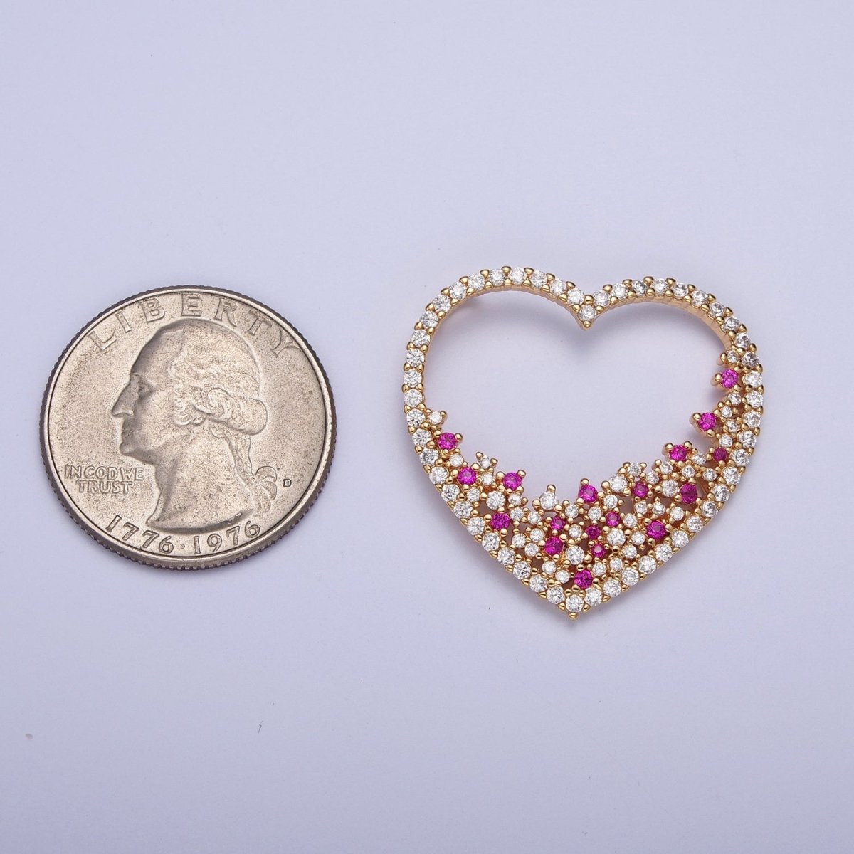 24K Gold plated Fuchsia & Clear Micro Pave Heart Pendant For Jewelry Making X-440 - DLUXCA