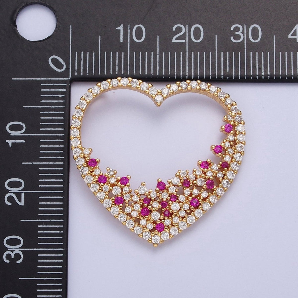 24K Gold plated Fuchsia & Clear Micro Pave Heart Pendant For Jewelry Making X-440 - DLUXCA