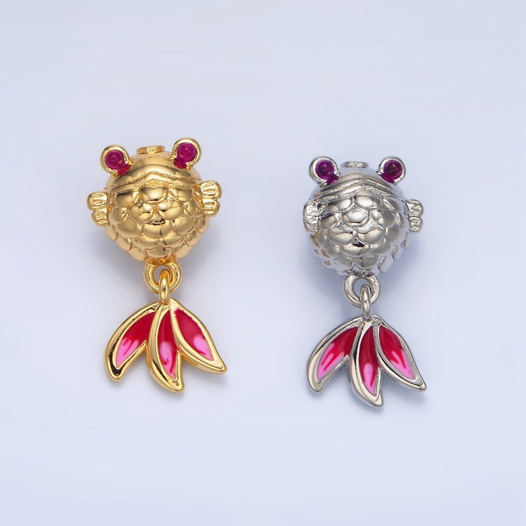 24K Gold plated Fuchsia CZ Enamel Gold Fish Sea Animal Bead in Gold & Silver | B514