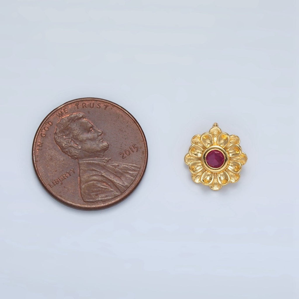 24K Gold plated Fuchsia CZ Flower Curved Petal Charm | E194 - DLUXCA