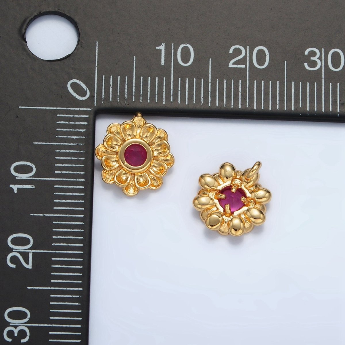 24K Gold plated Fuchsia CZ Flower Curved Petal Charm | E194 - DLUXCA