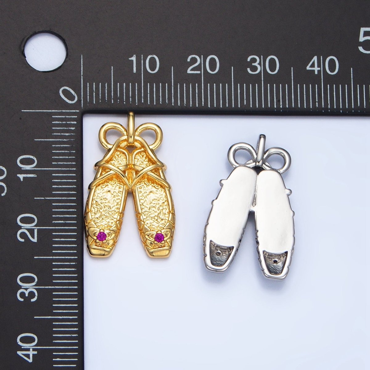 24K Gold plated Fuchsia CZ Hammered Ribbon Ballet Dancing Shoes Pendant in Gold & Silver | AA118 - DLUXCA