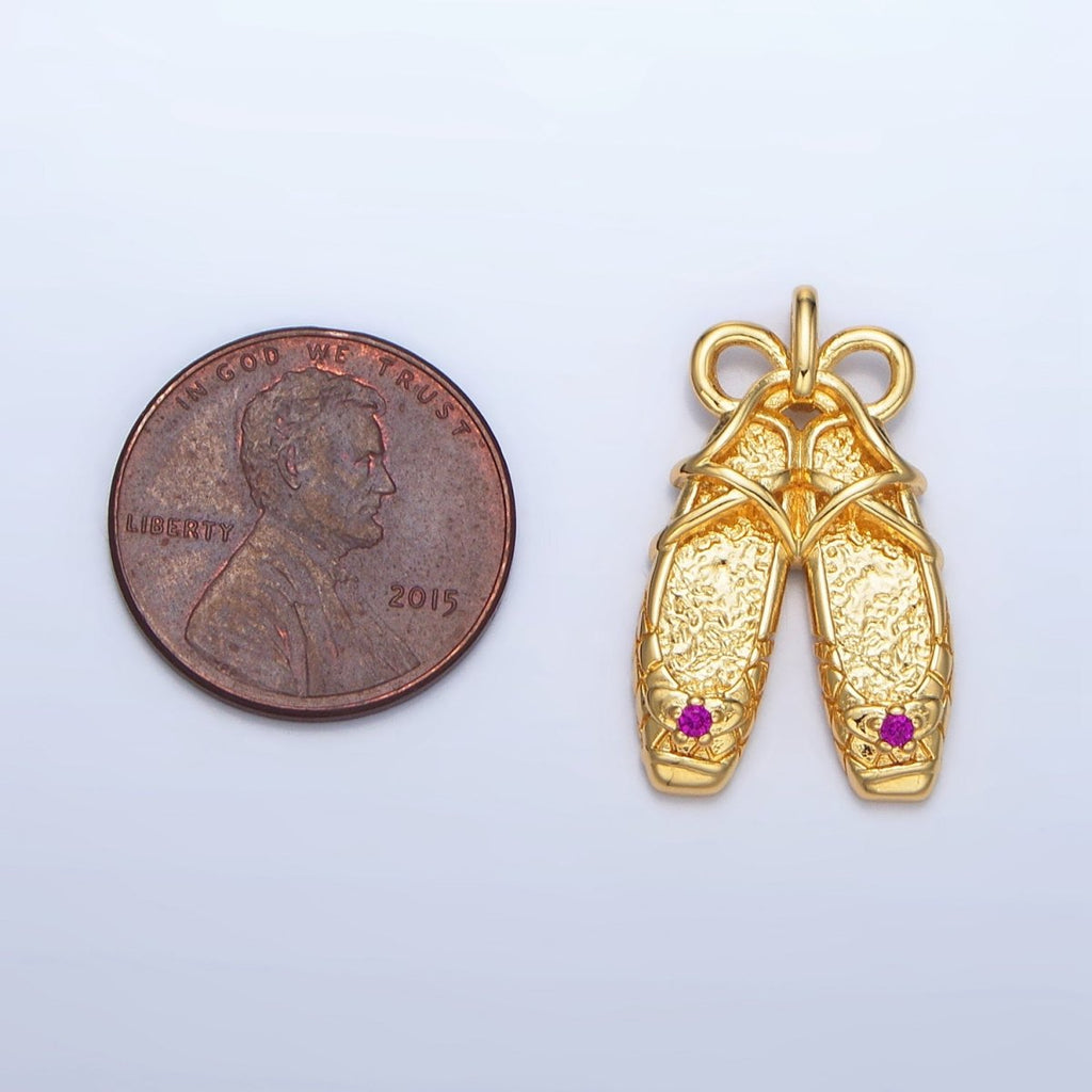24K Gold plated Fuchsia CZ Hammered Ribbon Ballet Dancing Shoes Pendant in Gold & Silver | AA118 - DLUXCA