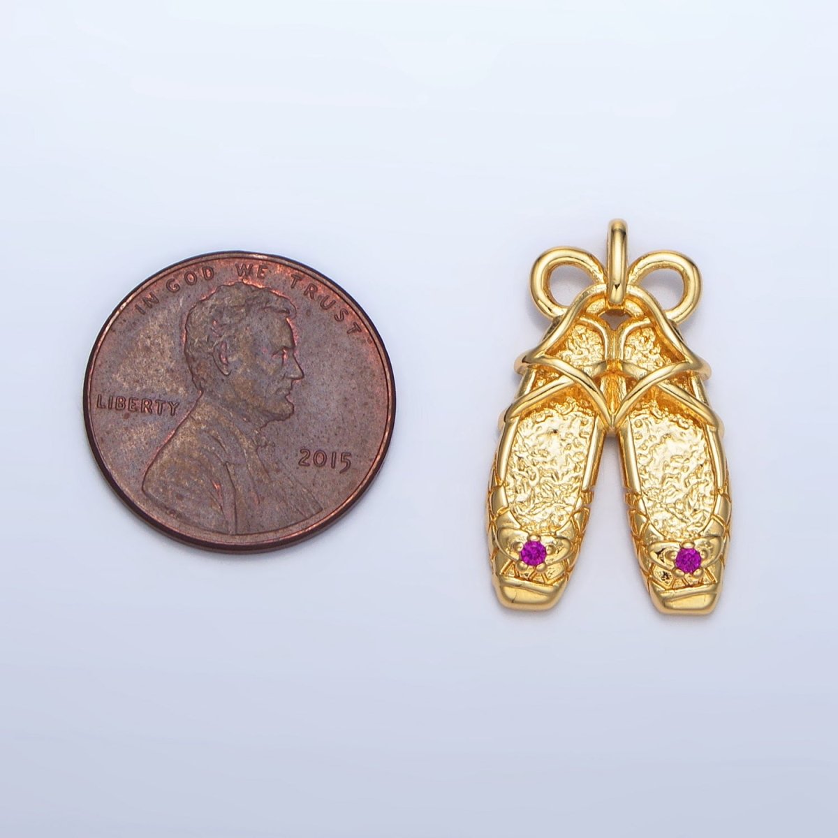 24K Gold plated Fuchsia CZ Hammered Ribbon Ballet Dancing Shoes Pendant in Gold & Silver | AA118 - DLUXCA