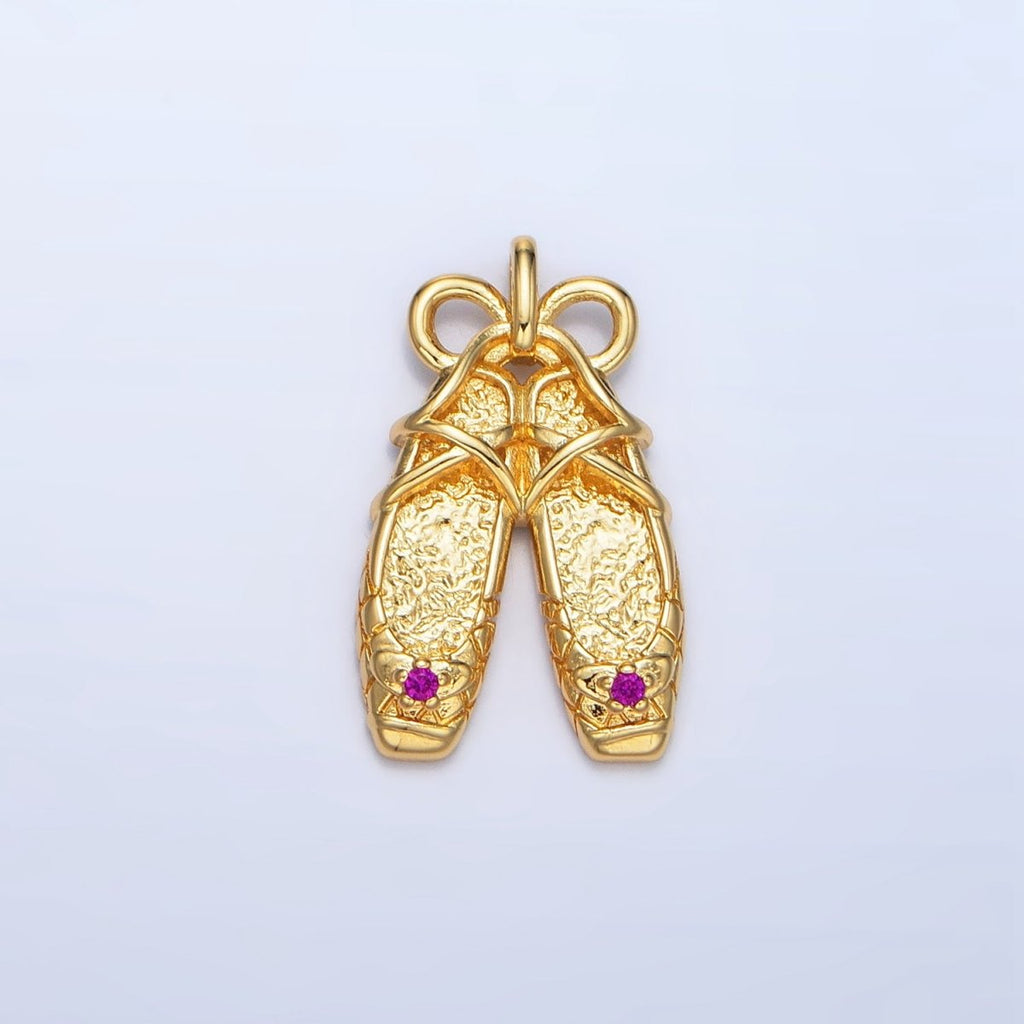 24K Gold plated Fuchsia CZ Hammered Ribbon Ballet Dancing Shoes Pendant in Gold & Silver | AA118 - DLUXCA