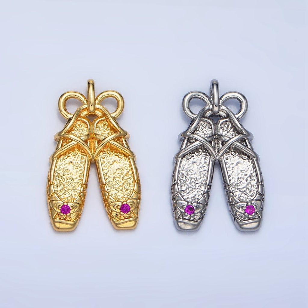 24K Gold plated Fuchsia CZ Hammered Ribbon Ballet Dancing Shoes Pendant in Gold & Silver | AA118 - DLUXCA
