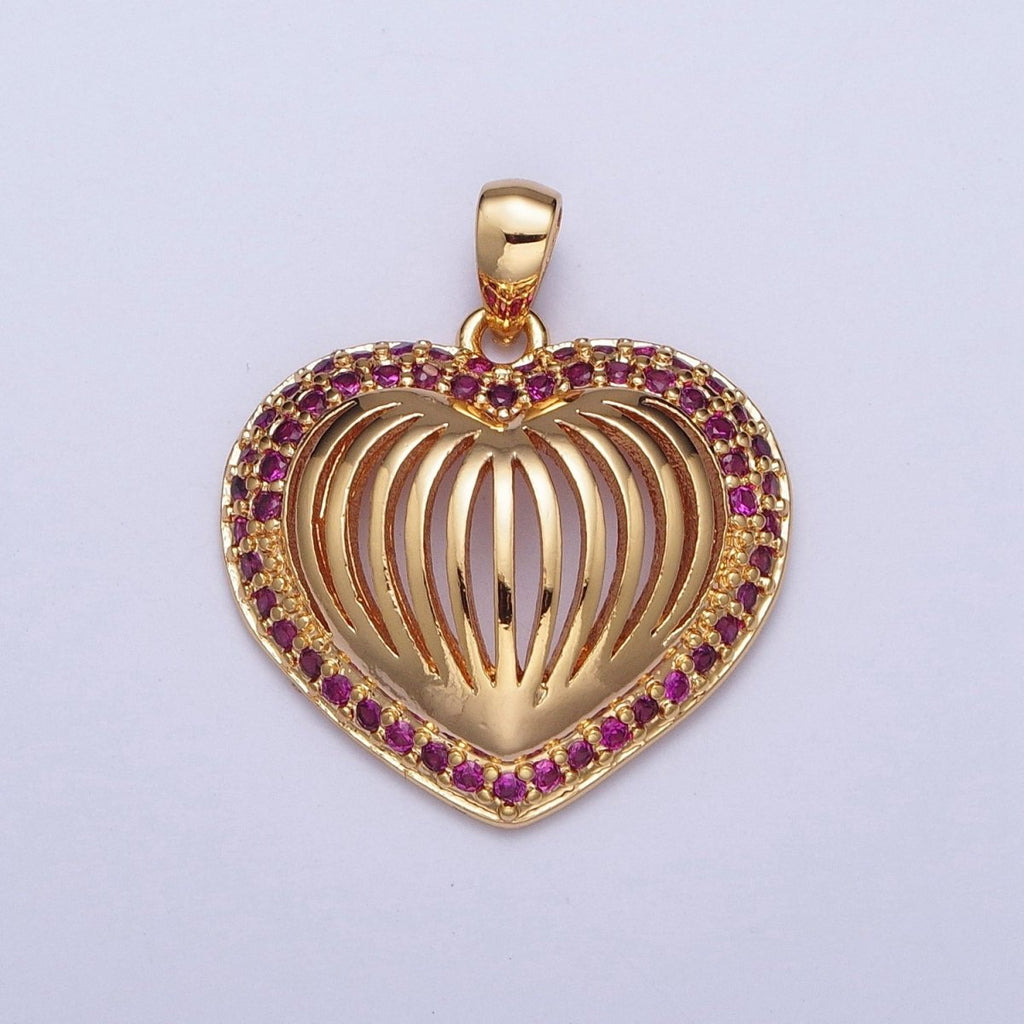 24K Gold plated Fuchsia CZ Heart Pendant, Love Valentine Open Heart Charm For Jewelry Making X-435 - DLUXCA