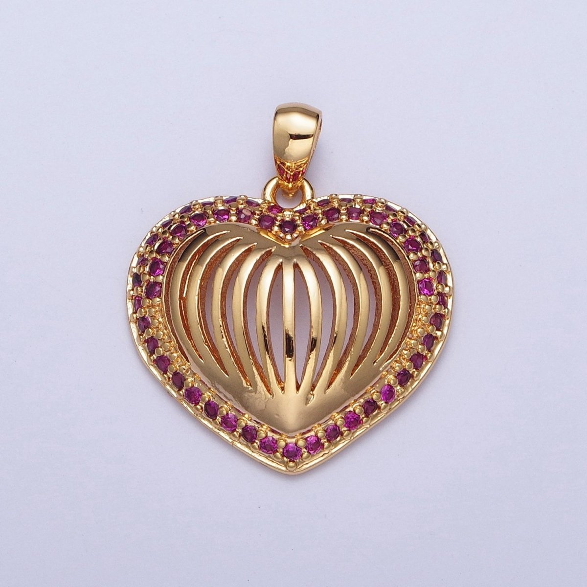 24K Gold plated Fuchsia CZ Heart Pendant, Love Valentine Open Heart Charm For Jewelry Making X-435 - DLUXCA