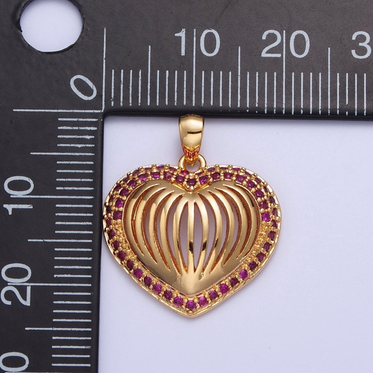 24K Gold plated Fuchsia CZ Heart Pendant, Love Valentine Open Heart Charm For Jewelry Making X-435 - DLUXCA