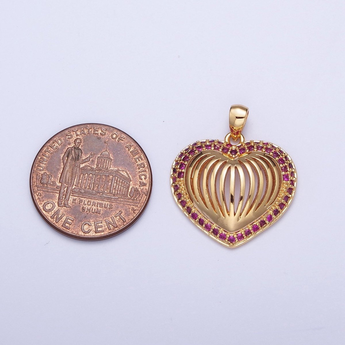 24K Gold plated Fuchsia CZ Heart Pendant, Love Valentine Open Heart Charm For Jewelry Making X-435 - DLUXCA