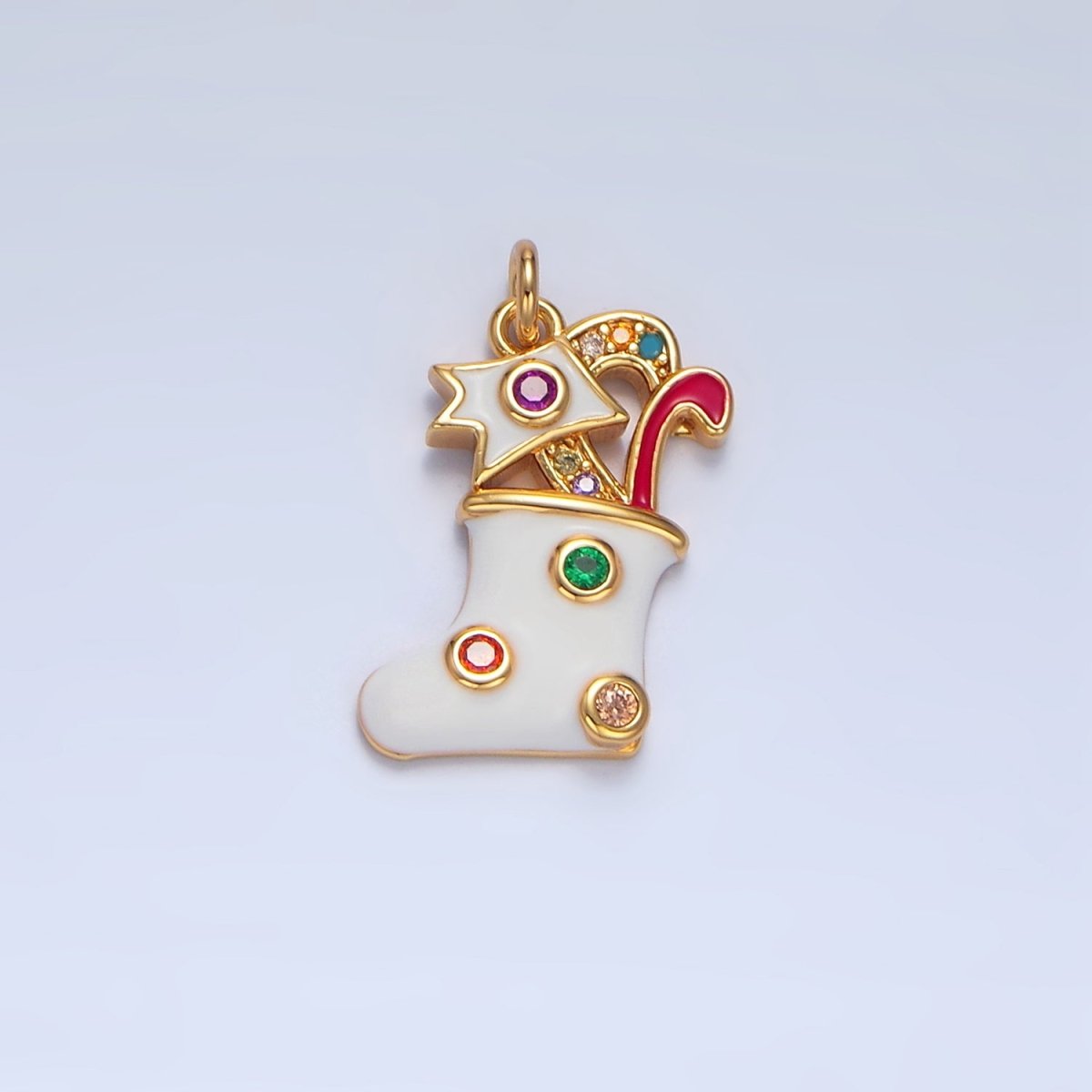 24K Gold plated Fuchsia, Green CZ Dotted White Enamel Christmas Stocking Sock Charm | X622