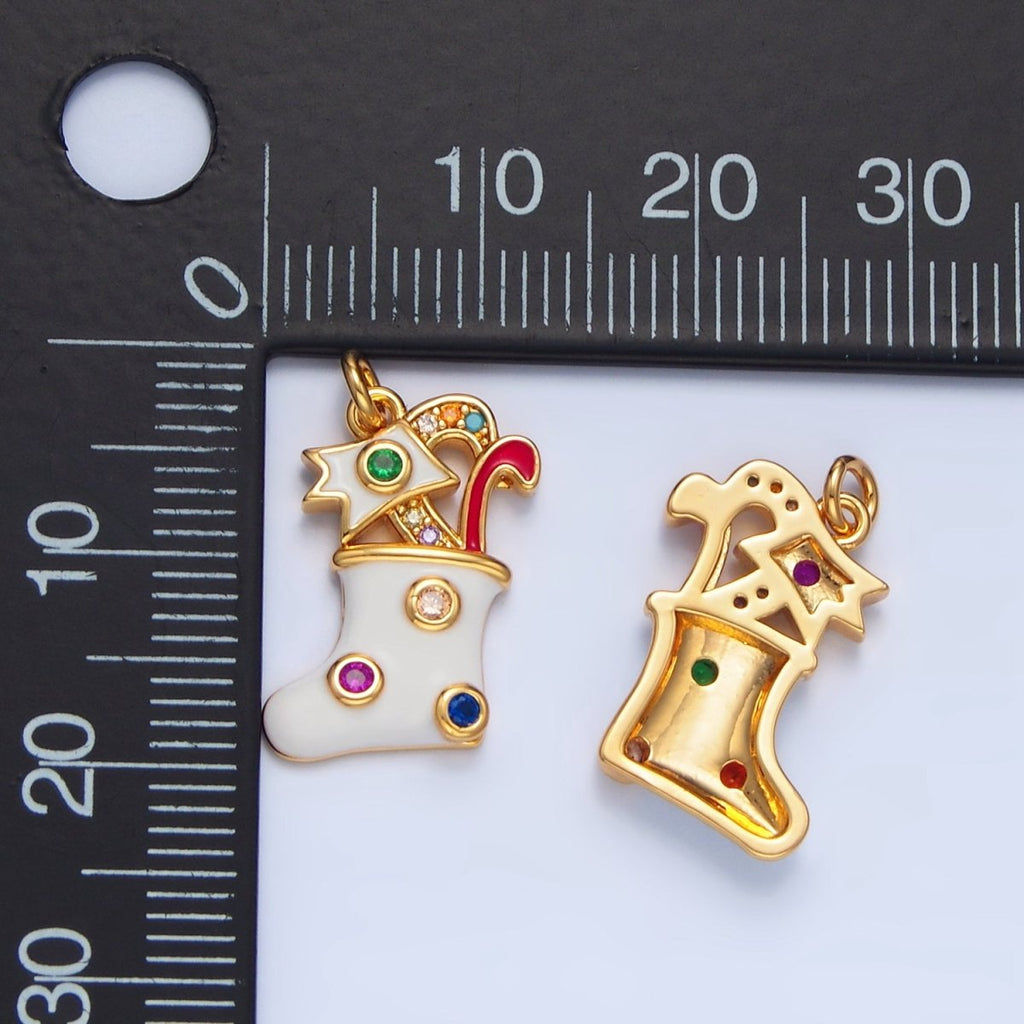 24K Gold plated Fuchsia, Green CZ Dotted White Enamel Christmas Stocking Sock Charm | X622