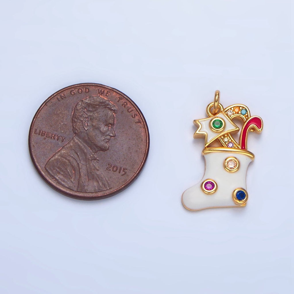 24K Gold plated Fuchsia, Green CZ Dotted White Enamel Christmas Stocking Sock Charm | X622