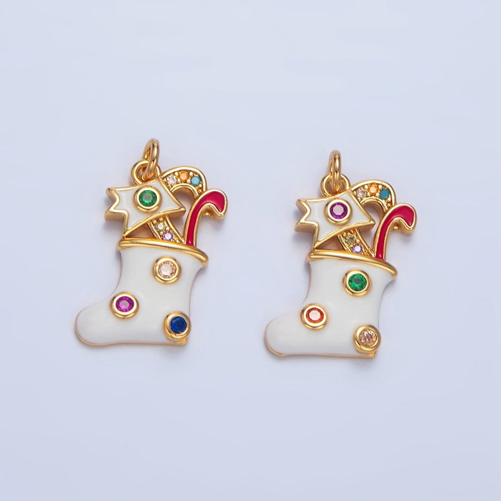 24K Gold plated Fuchsia, Green CZ Dotted White Enamel Christmas Stocking Sock Charm | X622