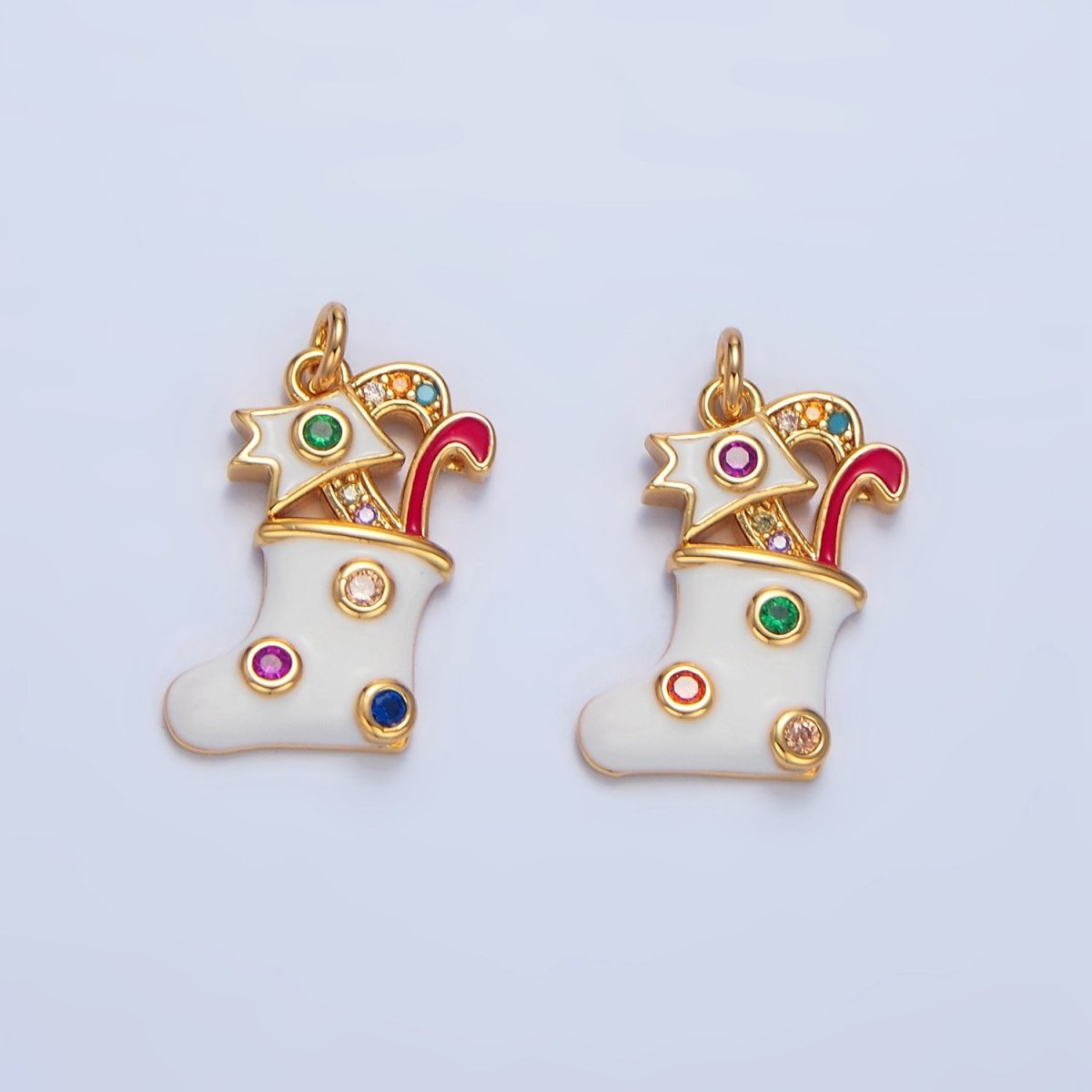 24K Gold plated Fuchsia, Green CZ Dotted White Enamel Christmas Stocking Sock Charm | X622
