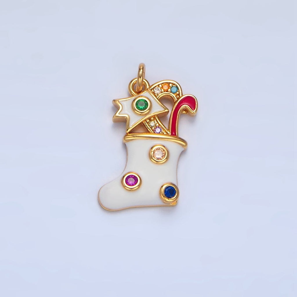 24K Gold plated Fuchsia, Green CZ Dotted White Enamel Christmas Stocking Sock Charm | X622